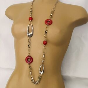 40inch Long Necklace Red Donut Beads Silver Tone Hammered Style Accents